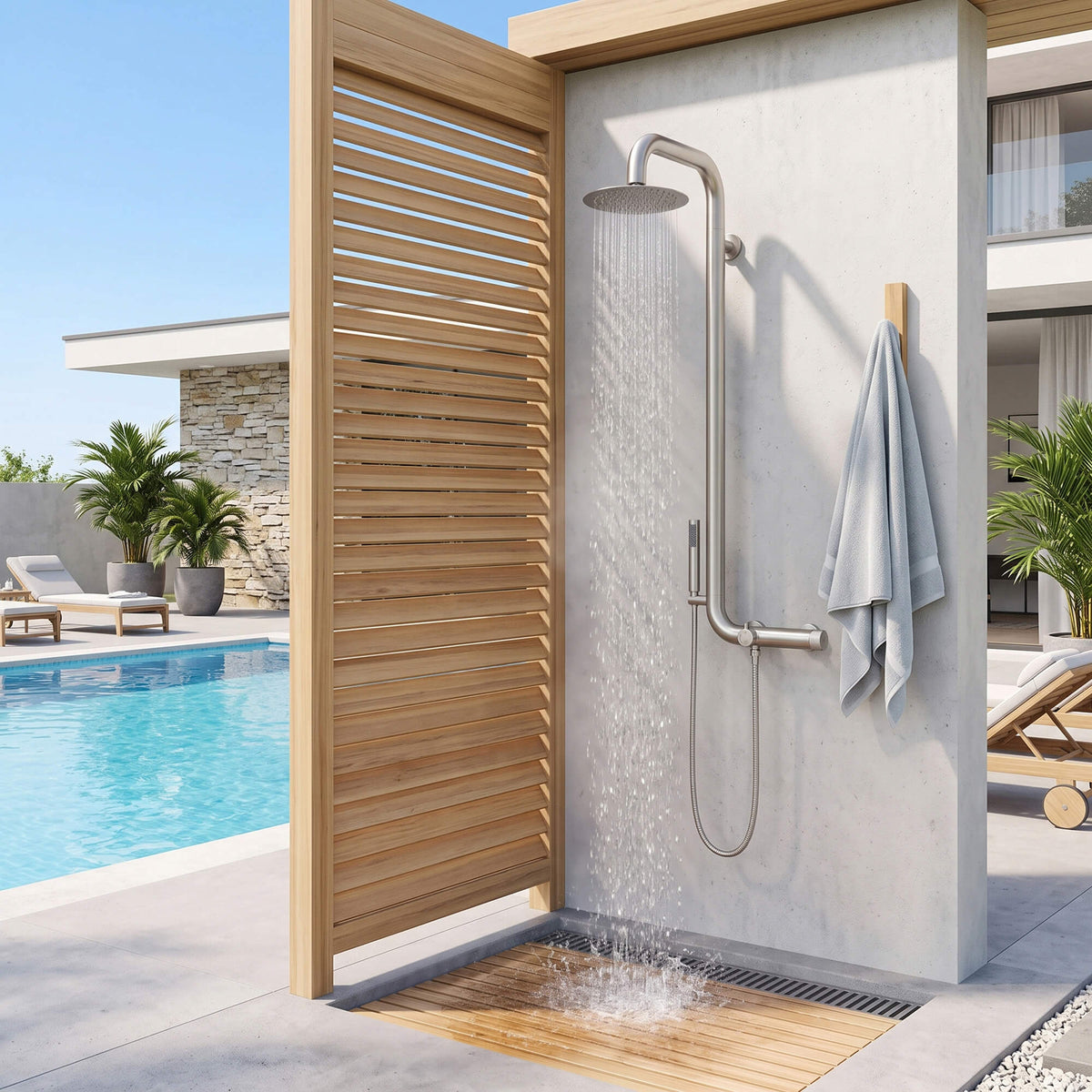 Stainless steel outdoor shower system with rainfall shower near pool area