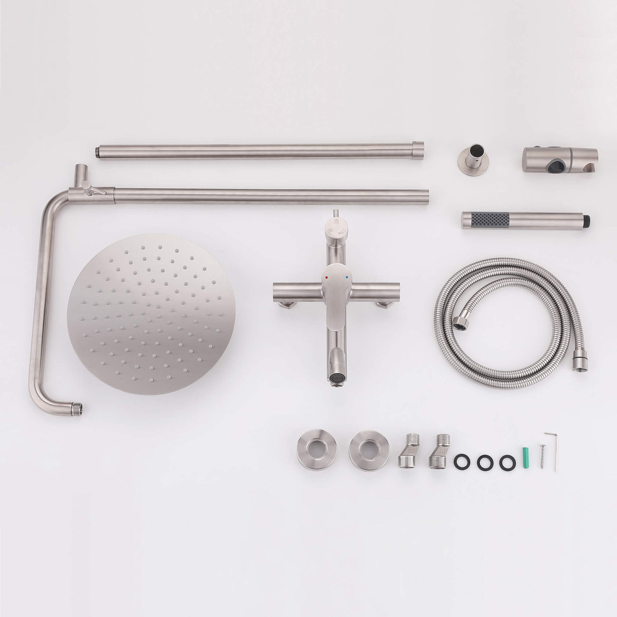 JK0561 316 stainless steel outdoor shower system components including the round rainfall shower head, handheld shower, flexible hose, mixer valve, shower riser, and mounting hardware.