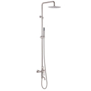 Full product view of the JK0561 brushed nickel 316 stainless steel wall-mounted outdoor shower system with a round rainfall shower head, handheld sprayer, flexible hose, and tub spout on a white background.