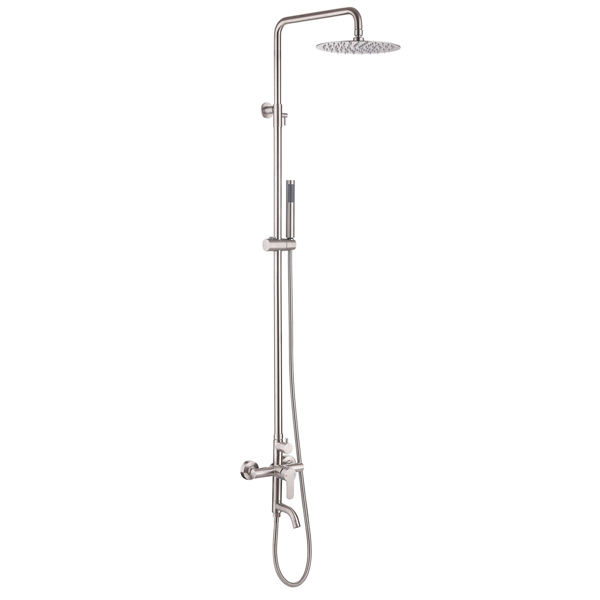 Full product view of the JK0561 brushed nickel 316 stainless steel wall-mounted outdoor shower system with a round rainfall shower head, handheld sprayer, flexible hose, and tub spout on a white background.