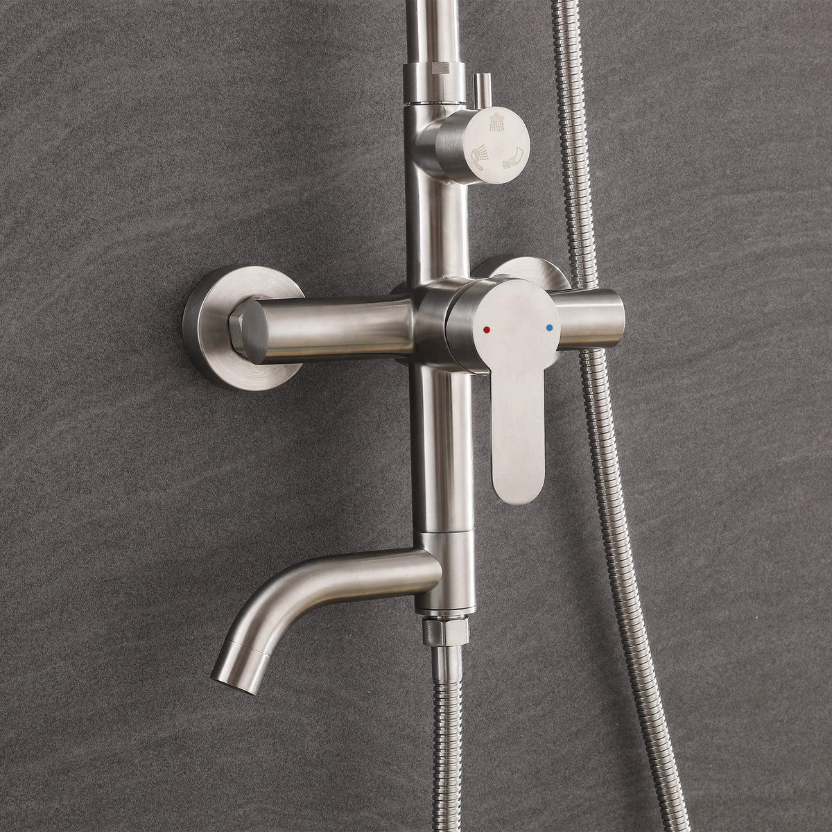 JK0561 brushed nickel wall-mounted outdoor shower system featuring a single lever mixer, diverter control, curved tub spout, and handheld shower hose against a dark background.