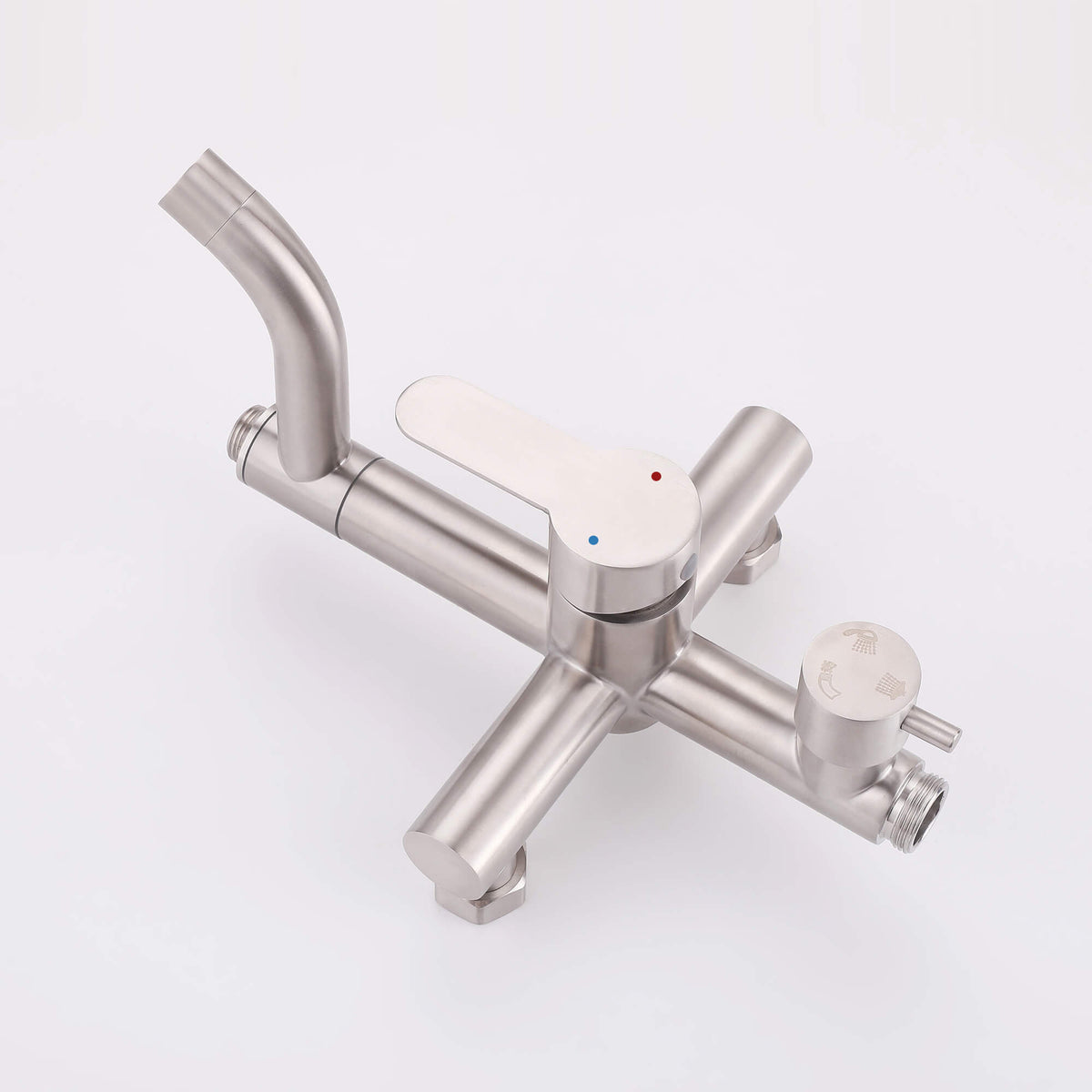 Close-up of the JK0561 brushed nickel outdoor shower mixer valve with a single lever handle and threaded water connections.