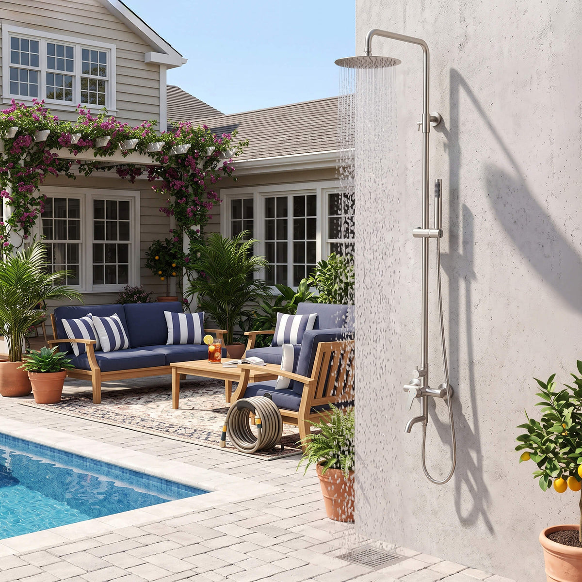 JK0561 brushed nickel outdoor shower running beside a swimming pool, showcasing the rainfall shower spray in a landscaped patio setting.