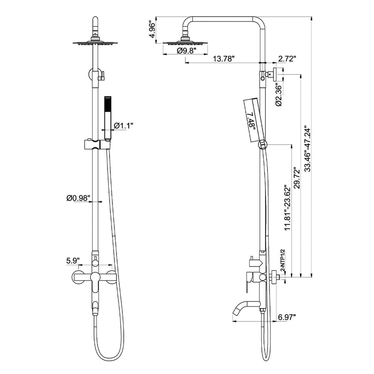 Dimension drawing of the JK0561 wall-mounted outdoor shower system showing overall height, 9.8-inch rainfall shower head diameter, and installation measurements.