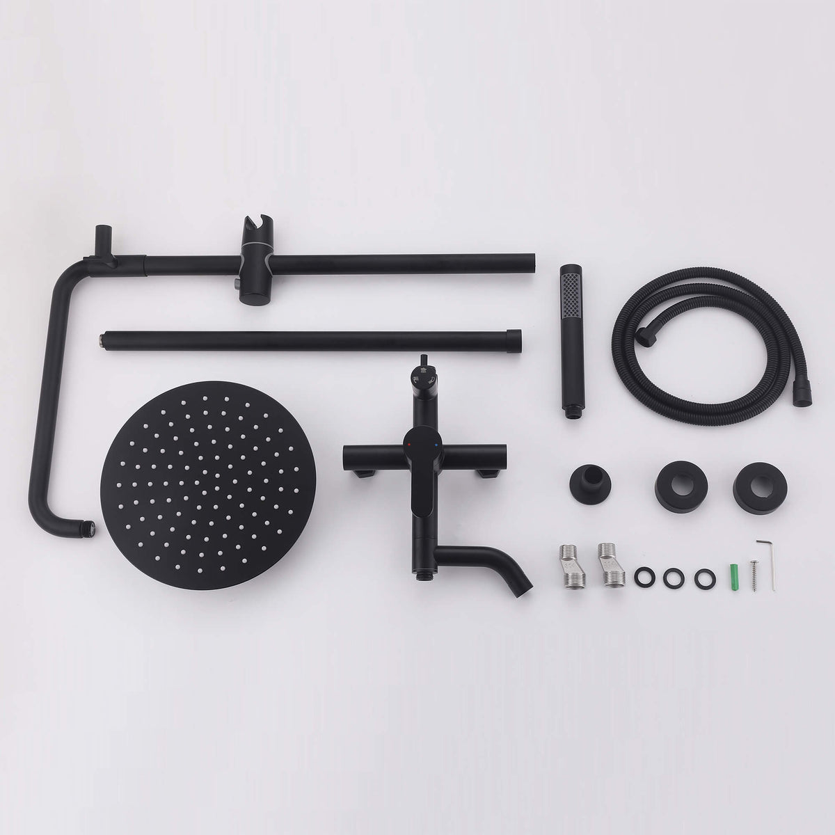 JK0562 316 stainless steel matte black outdoor shower kit with a round rainfall shower head, handheld sprayer, mixer valve, shower riser, flexible hose, mounting fittings, and installation hardware.