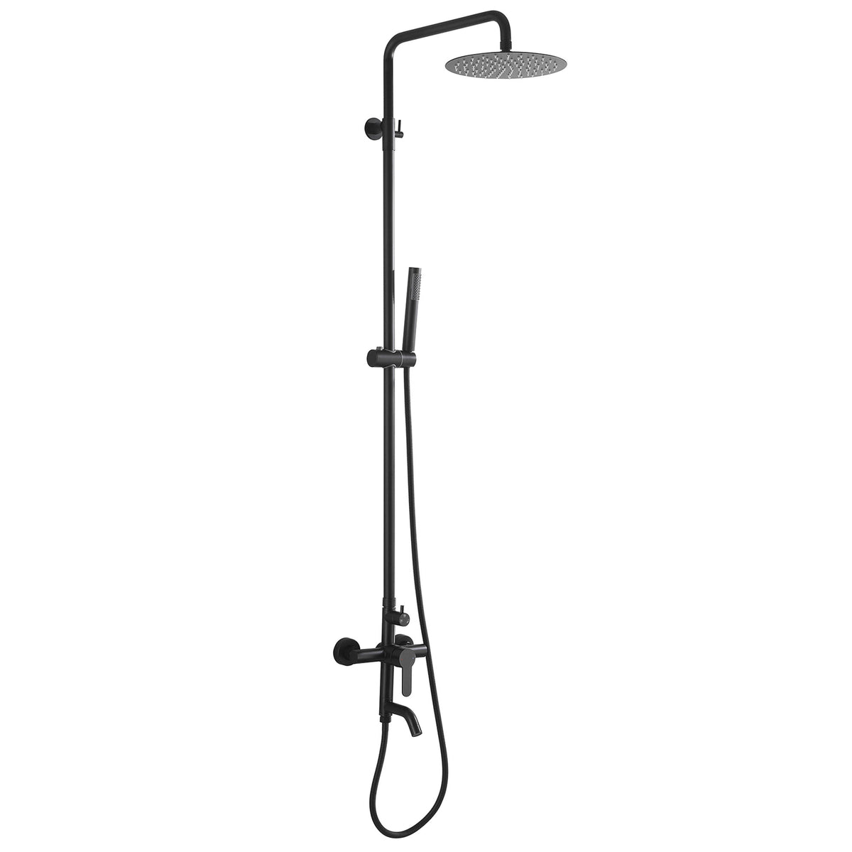 Full product view of the JK0562 matte black 316 stainless steel wall-mounted outdoor shower system with a round rainfall shower head, handheld sprayer, flexible hose, mixer valve, and tub spout on a white background.