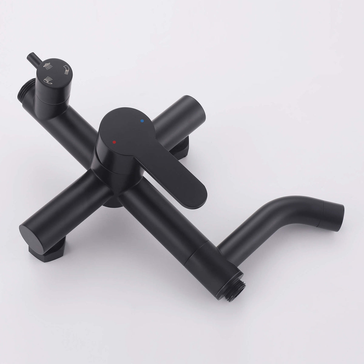 JK0562 matte black outdoor shower mixer valve assembly featuring a single lever handle, diverter control, curved tub spout, and threaded connections.