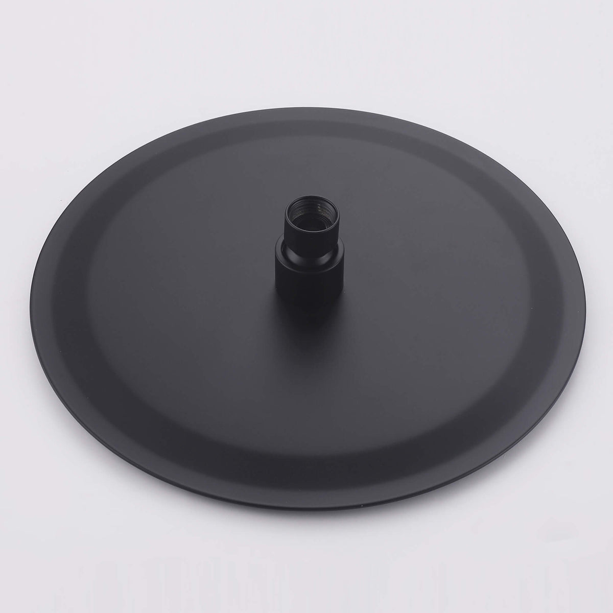 Back view of the JK0562 matte black outdoor shower rainfall head showing the central threaded connection.