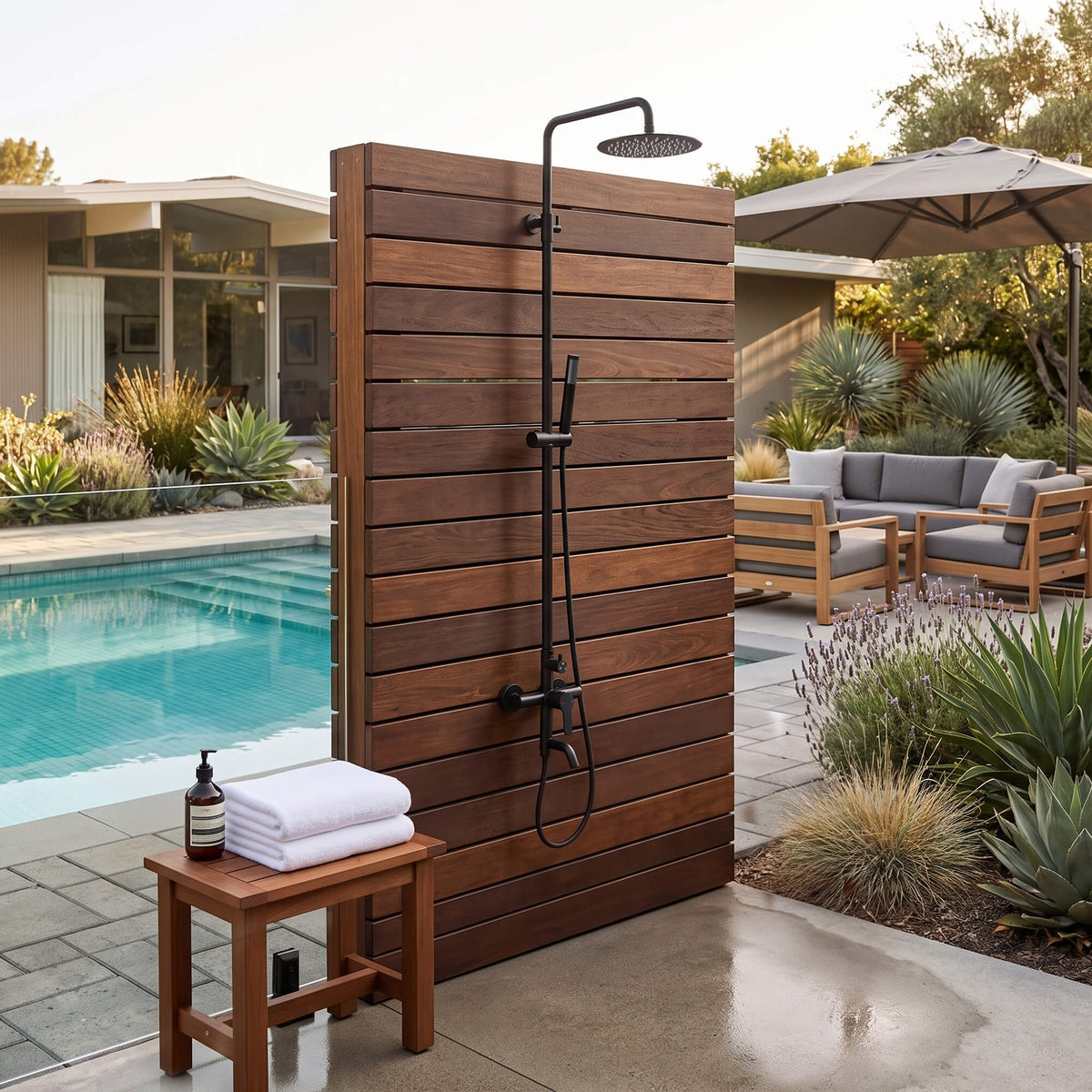 JK0562 matte black outdoor shower installed on a wooden privacy wall beside a swimming pool with modern patio furniture and landscaped plants.