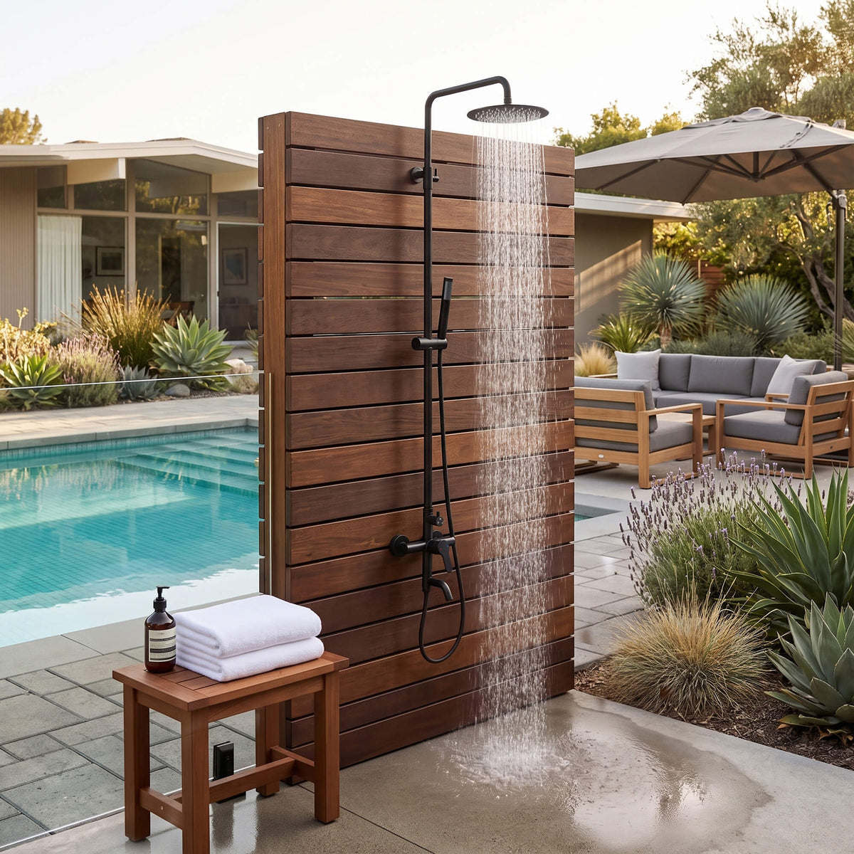 JK0562 matte black outdoor rainfall shower running beside a swimming pool, installed on a wooden privacy wall in a landscaped patio setting.