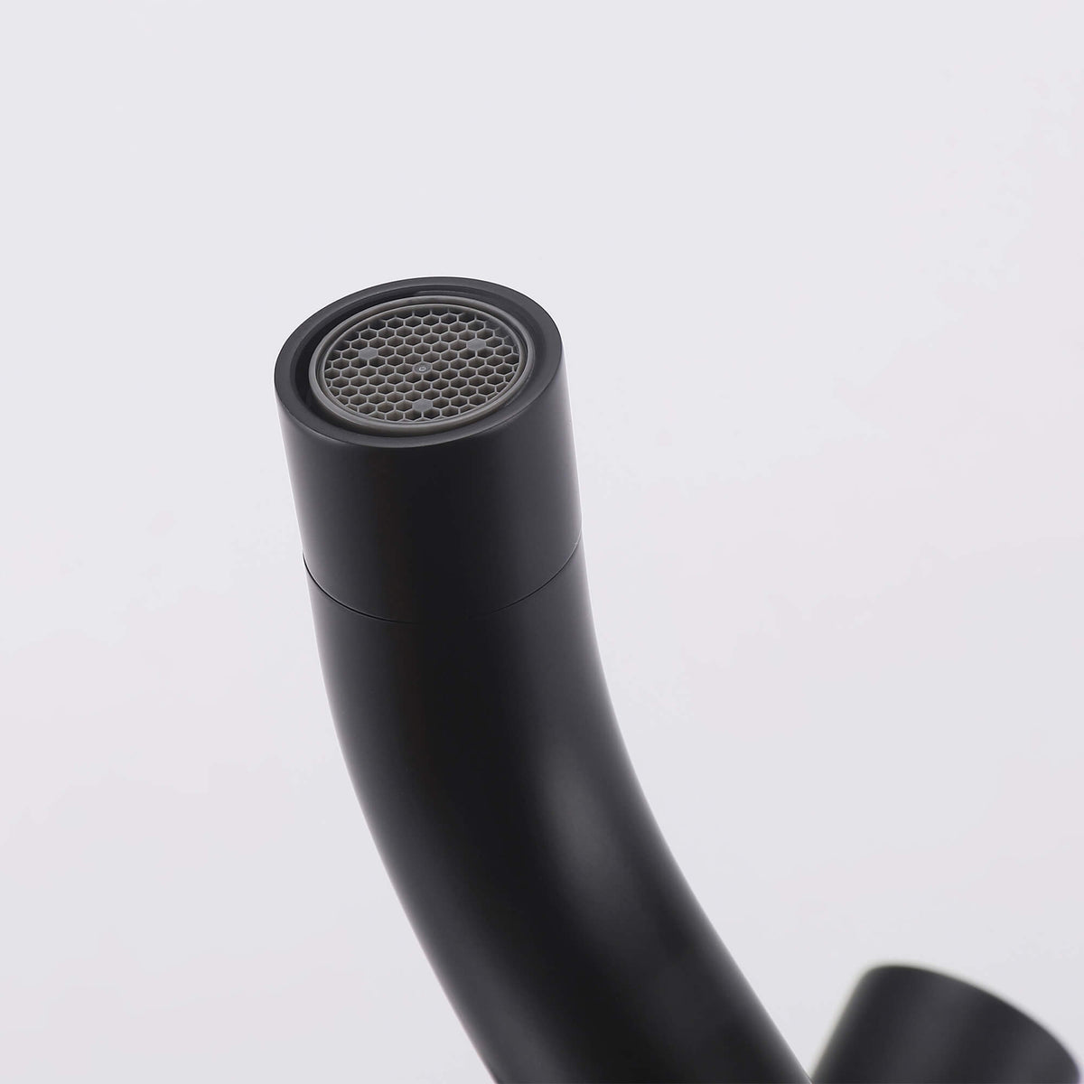 Close-up of the aerator at the outlet of the JK0562 matte black outdoor shower tub spout.