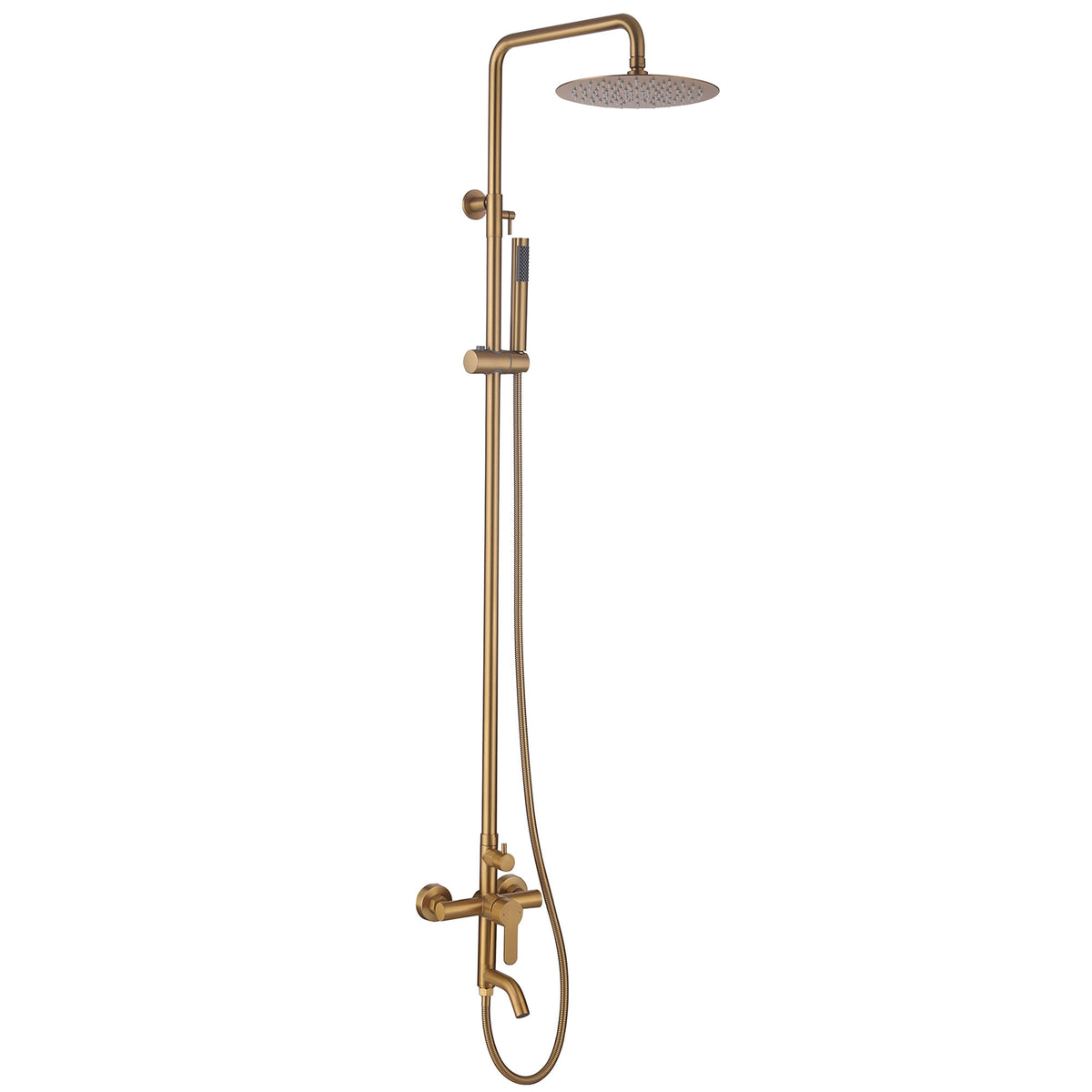 Full product view of the JK0563 brushed gold 316 stainless steel wall mounted outdoor shower system with rainfall shower head, handheld sprayer, flexible hose, and tub spout.