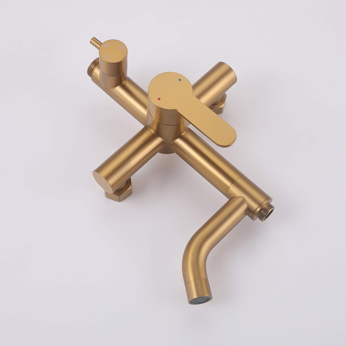 Close-up of the brushed gold mixer valve and control handle on the JK0563 316 stainless steel wall mounted outdoor shower system.