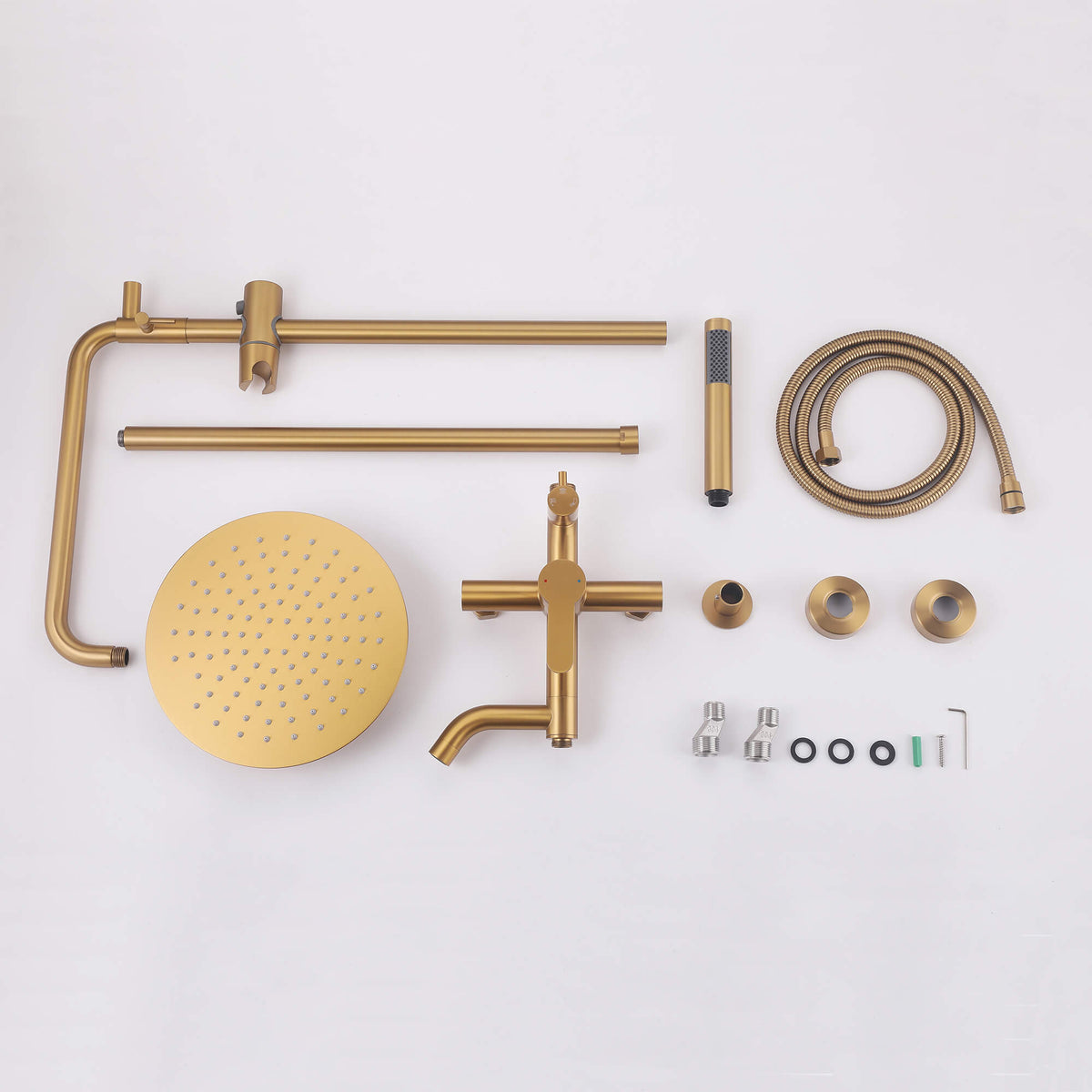 Complete JK0563 brushed gold outdoor shower system components, including the rain shower head, handheld shower, hose, mixer valve, and mounting accessories.