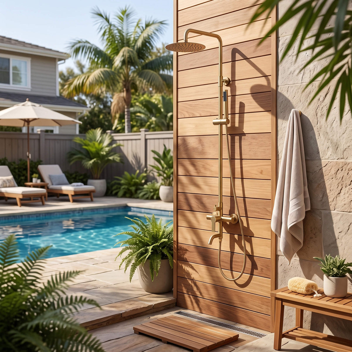 Brushed gold wall mounted outdoor shower beside a swimming pool, paired with warm wood paneling and natural stone finishes.