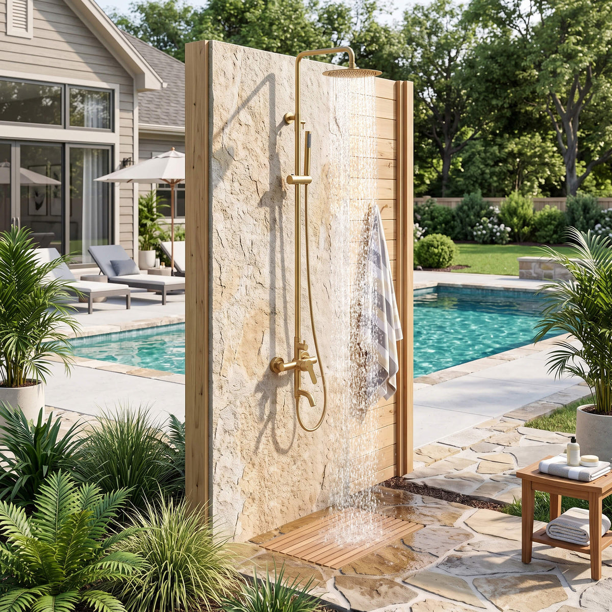 JK0563 brushed gold outdoor shower installed on a stone wall beside a swimming pool in a landscaped backyard.
