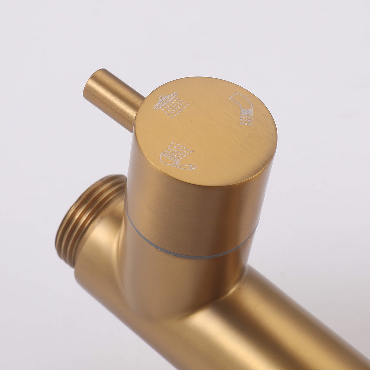 Close-up of the brushed gold shower diverter control with engraved spray function icons on the JK0563 outdoor shower system.