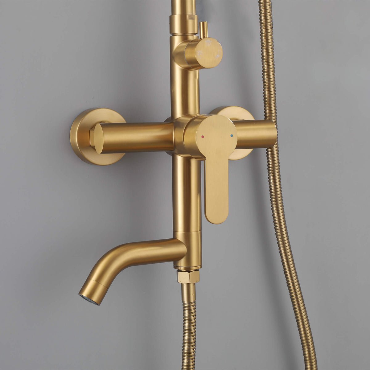 Front view of the JK0563 brushed gold wall mounted outdoor shower system with rainfall shower head, handheld shower, mixer valve, and tub spout.