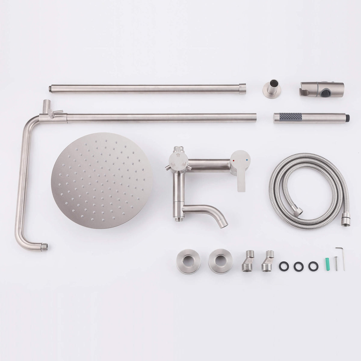 Complete JK0564 316 stainless steel outdoor shower kit with rain shower head, handheld shower, mixer valve, hose, pipes, and mounting accessories.