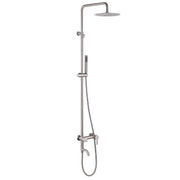 Full product view of the JK0564 brushed nickel 316 stainless steel wall-mounted outdoor shower system with rain shower head, handheld shower, mixer valve, and tub spout.