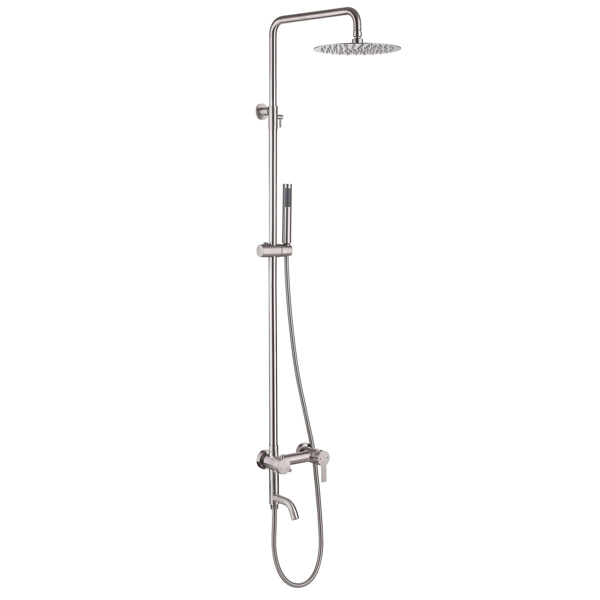 Full product view of the JK0564 brushed nickel 316 stainless steel wall-mounted outdoor shower system with rain shower head, handheld shower, mixer valve, and tub spout.