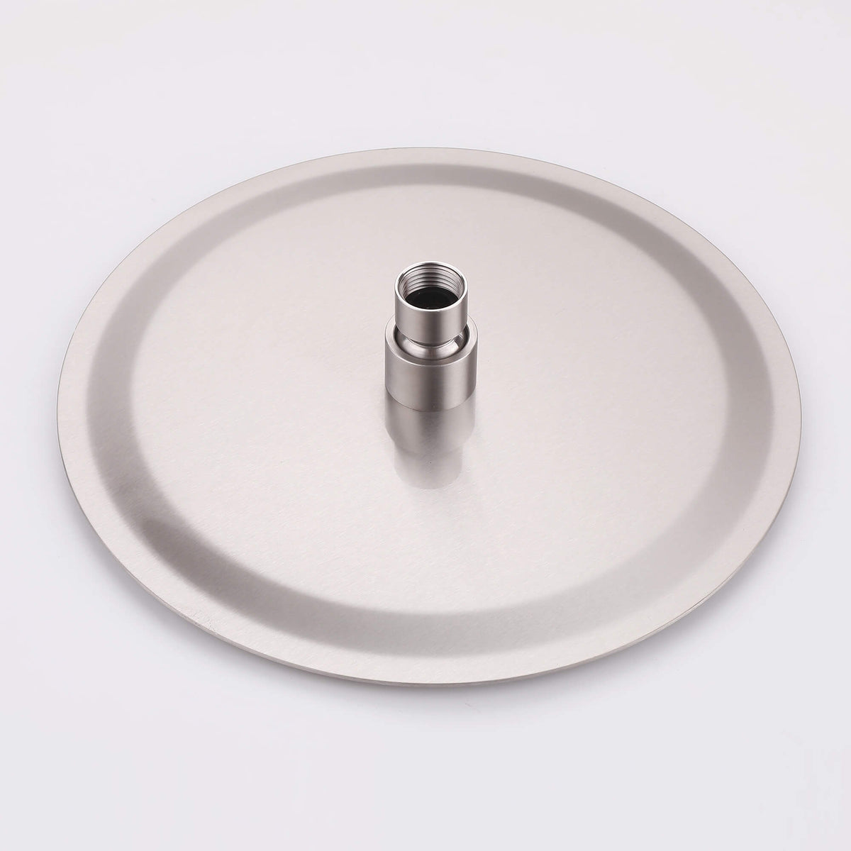 Back view of the JK0564 brushed nickel rain shower head showing its central threaded connection and stainless steel finish.