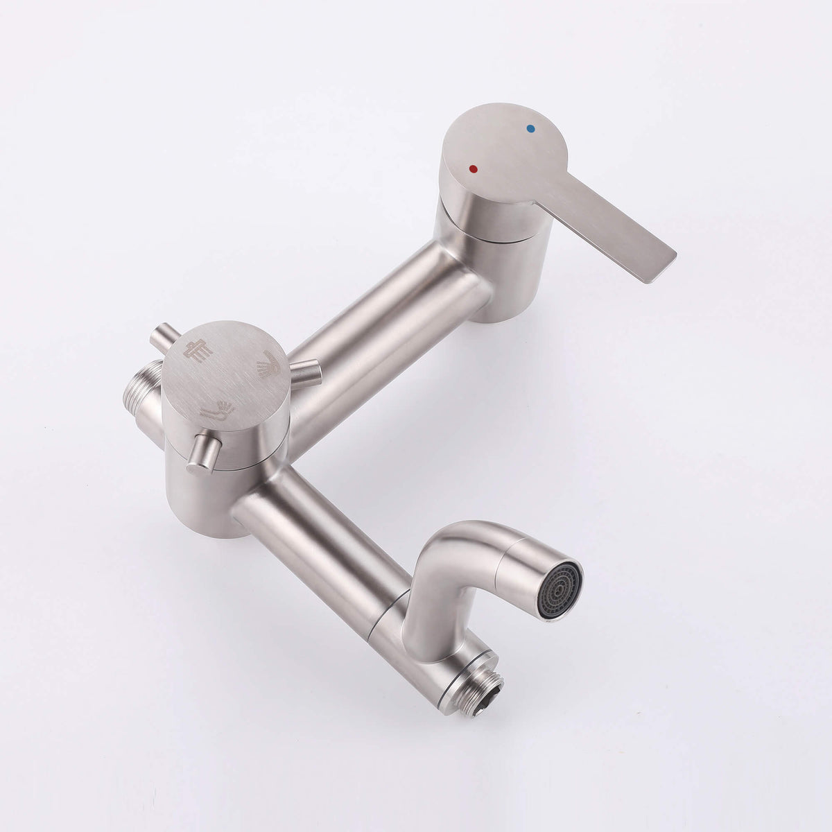 JK0564 brushed nickel outdoor shower mixer assembly with diverter controls and curved tub spout.