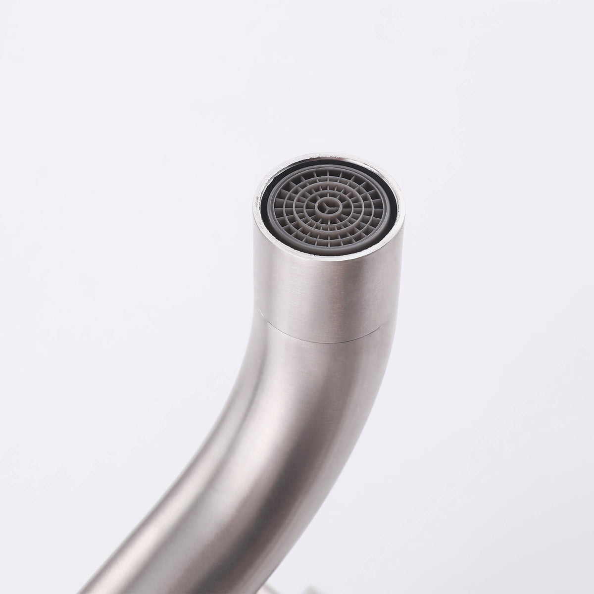 Close-up of the brushed nickel tub spout outlet and aerator on the JK0564 outdoor shower system.