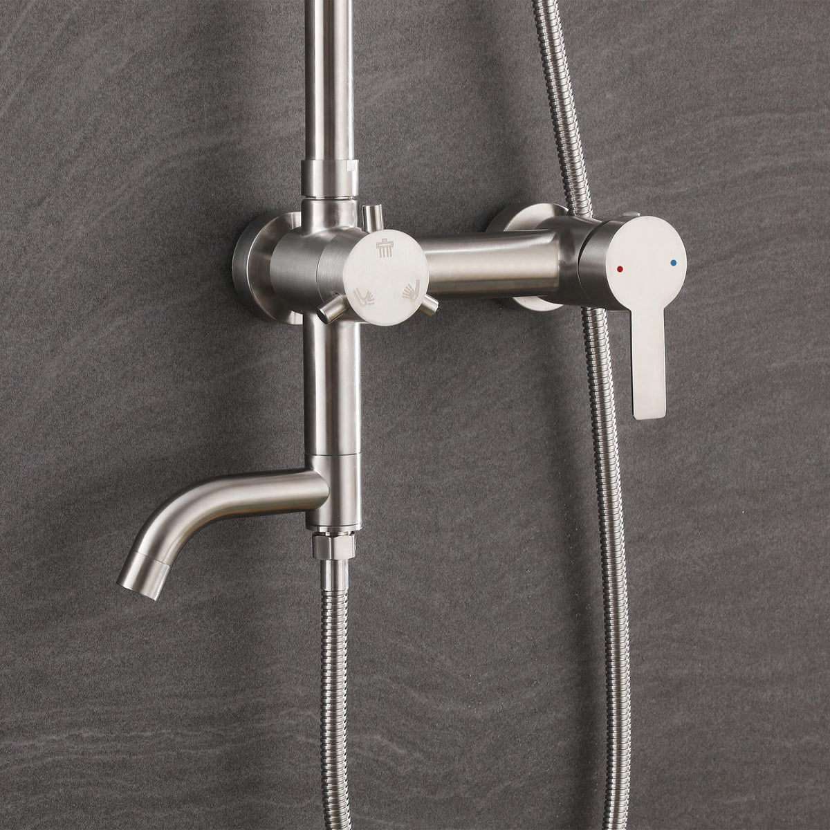 Installed JK0564 brushed nickel wall-mounted outdoor shower system featuring a round rain shower head, handheld shower, mixer controls, and tub spout.
