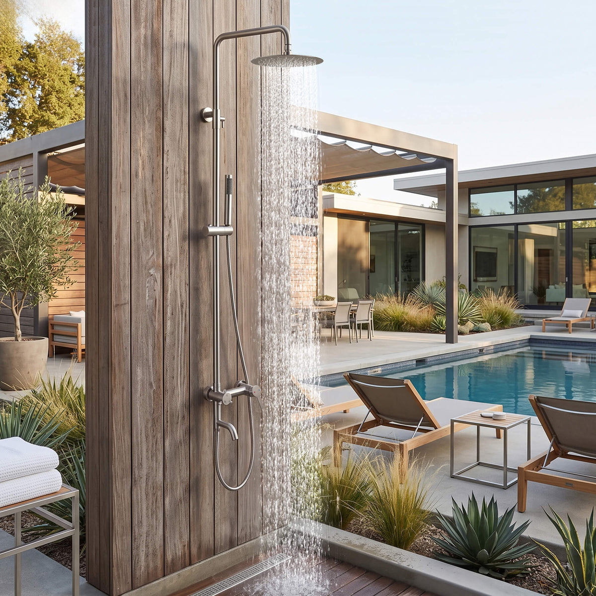 JK0564 brushed nickel outdoor rain shower running beside a swimming pool in a modern backyard.