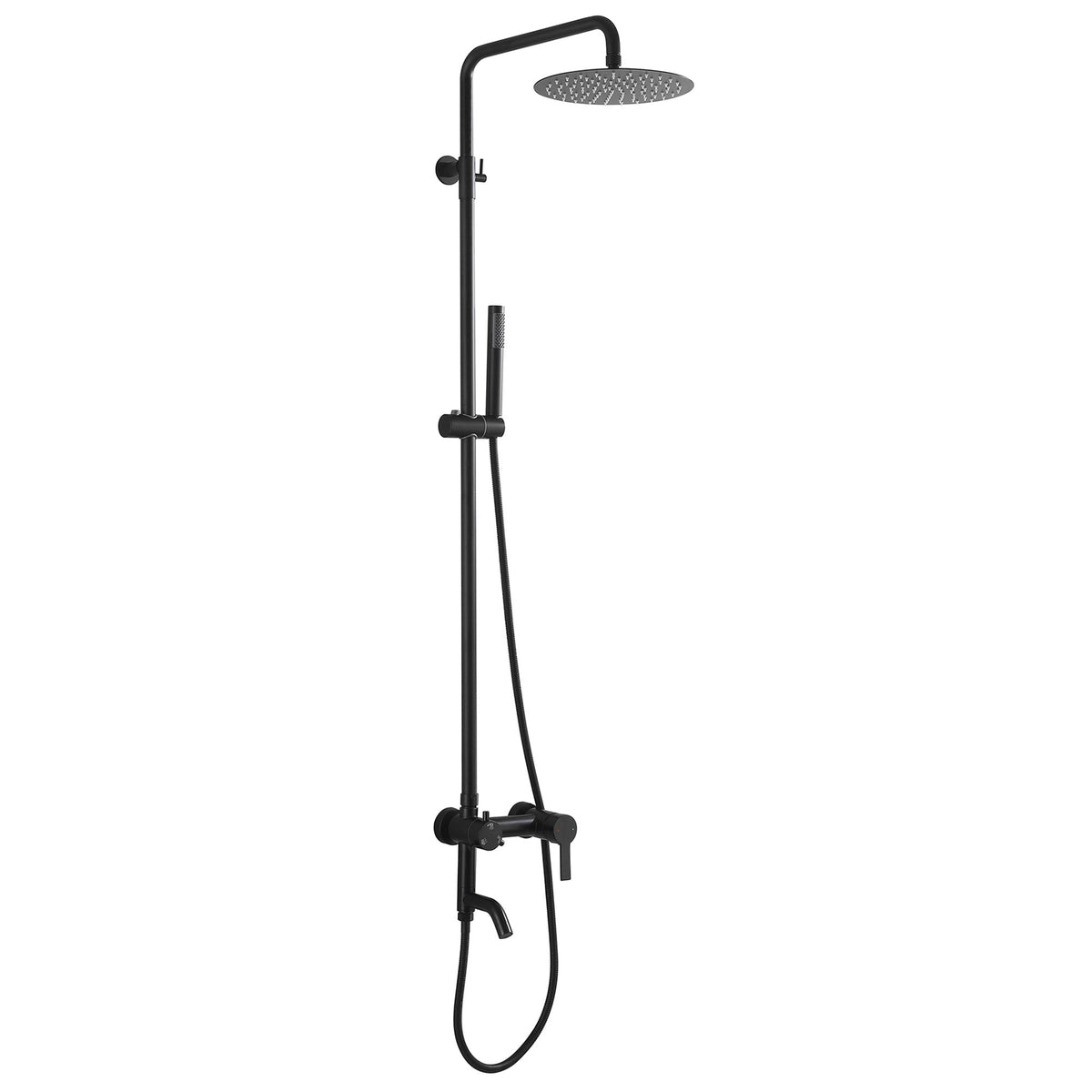 JK0565 matte black 316 stainless steel wall-mounted outdoor shower system with rainfall shower head, handheld shower and tub spout.