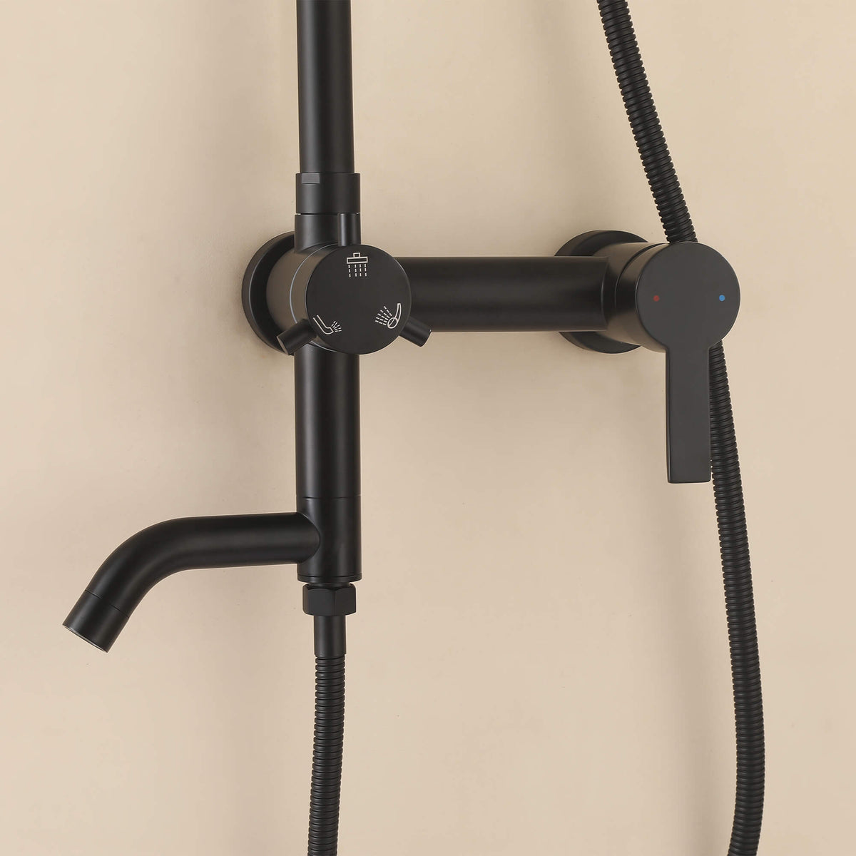 Front view of the matte black outdoor shower mixer with a single lever handle, diverter control and tub spout.