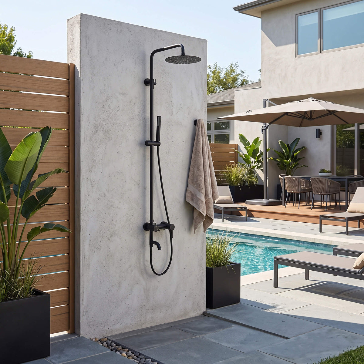 JK0565 matte black 316 stainless steel wall-mounted outdoor shower installed beside a swimming pool in a modern backyard.