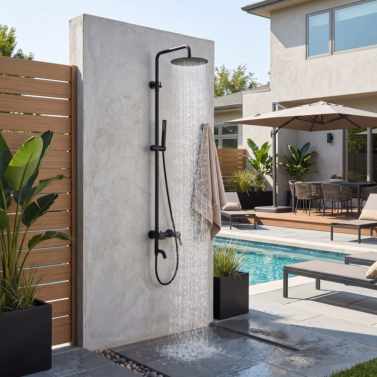 JK0565 matte black outdoor shower system spraying water beside a swimming pool, showcasing its rainfall shower head and modern wall-mounted design.