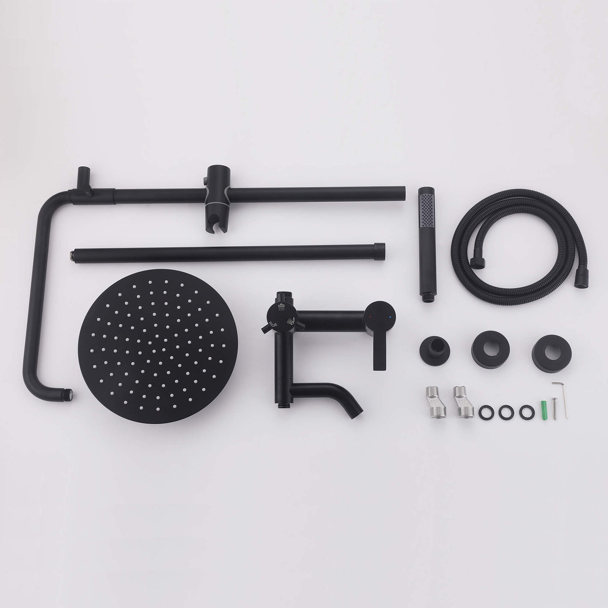Components of the JK0565 matte black outdoor shower system, including the rainfall shower head, shower arm, handheld shower, hose, mixer and mounting accessories.