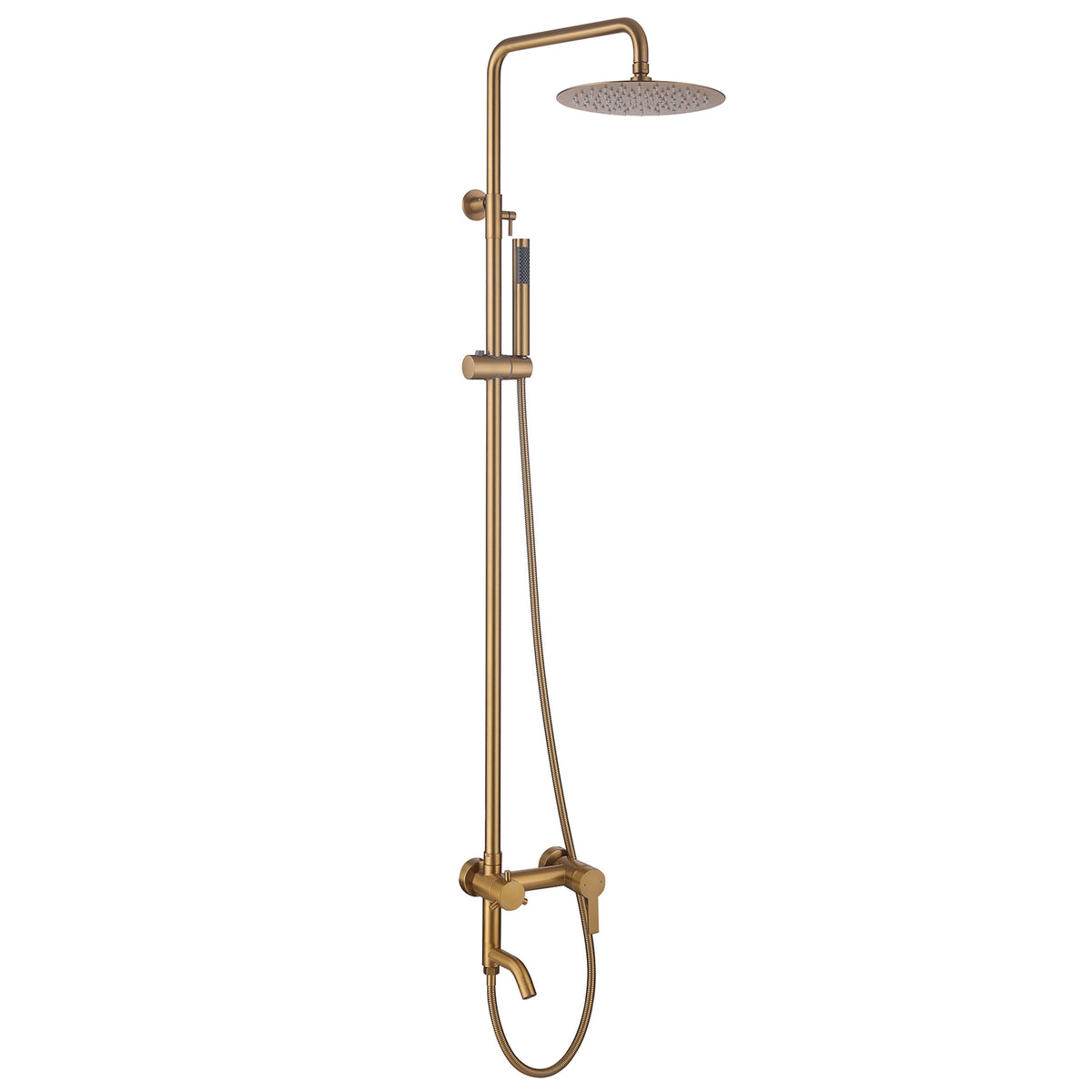 JK0566 brushed gold 316 stainless steel wall mounted outdoor shower system with rainfall shower head, handheld shower and tub spout