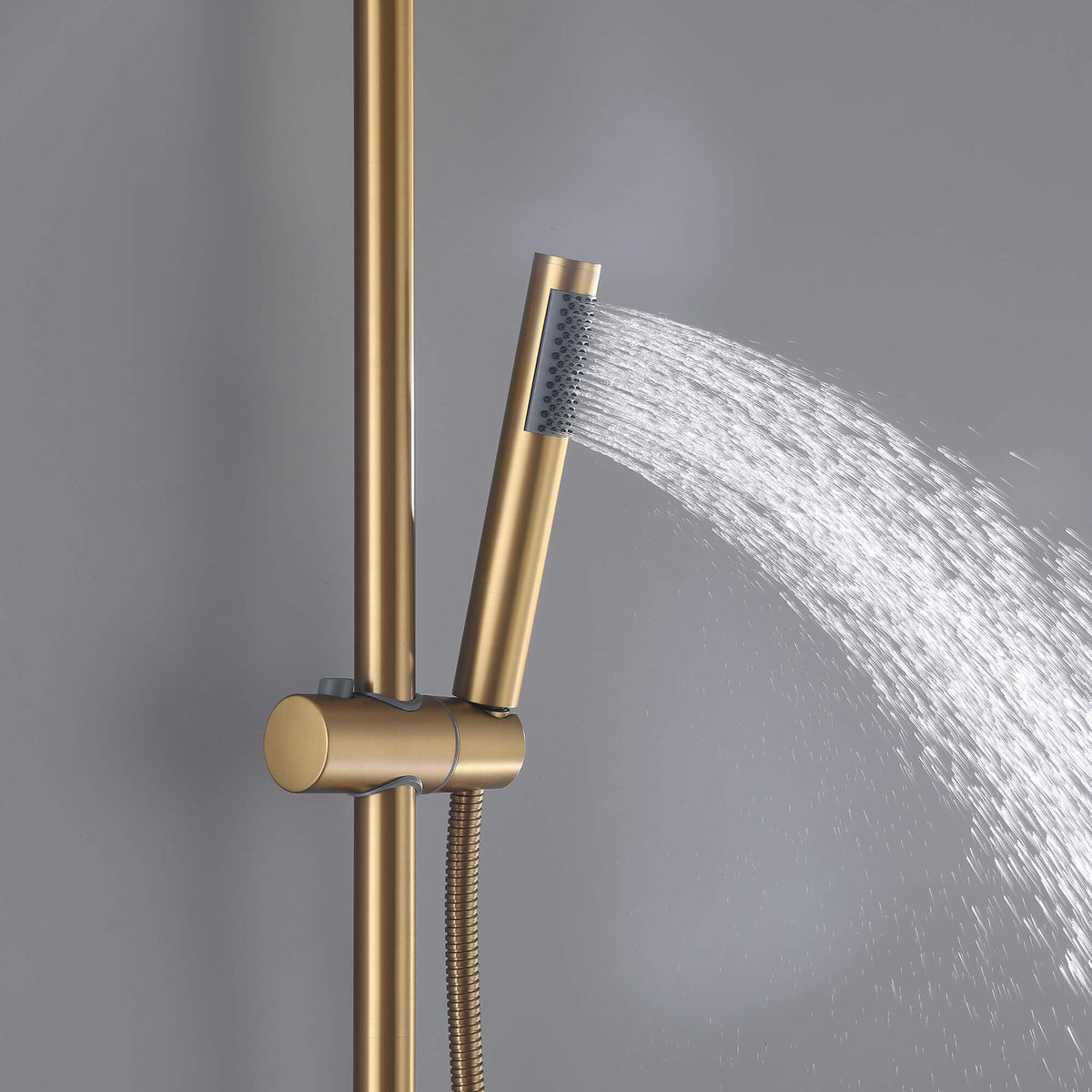 JK0566 brushed gold handheld shower wand spraying water from its multi-nozzle shower head
