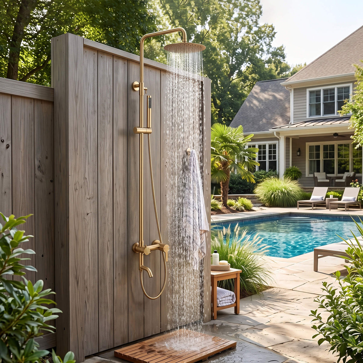JK0566 brushed gold outdoor rainfall shower running beside a swimming pool in a modern backyard setting