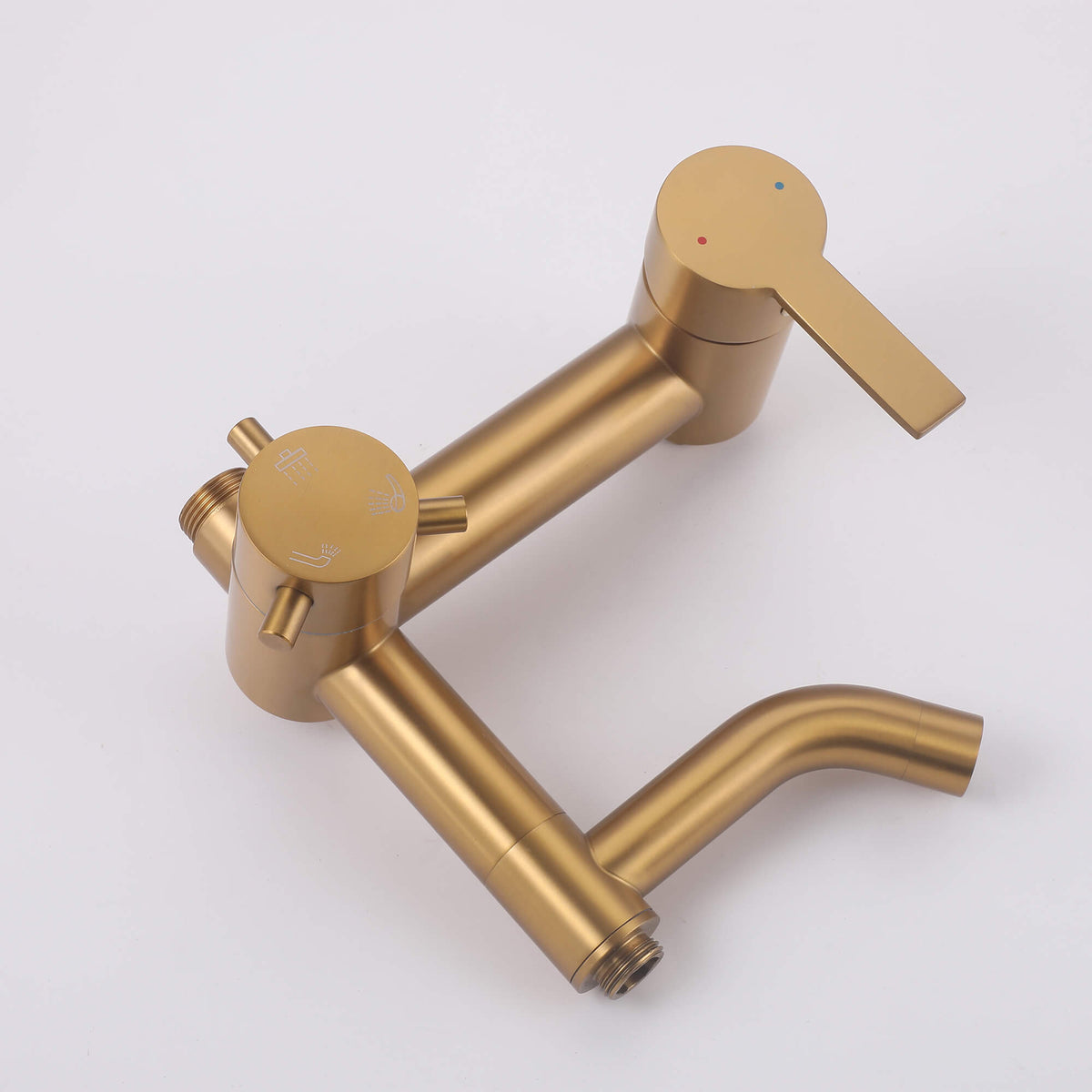 Close-up of the JK0566 brushed gold outdoor shower mixer faucet with integrated tub spout and control handle