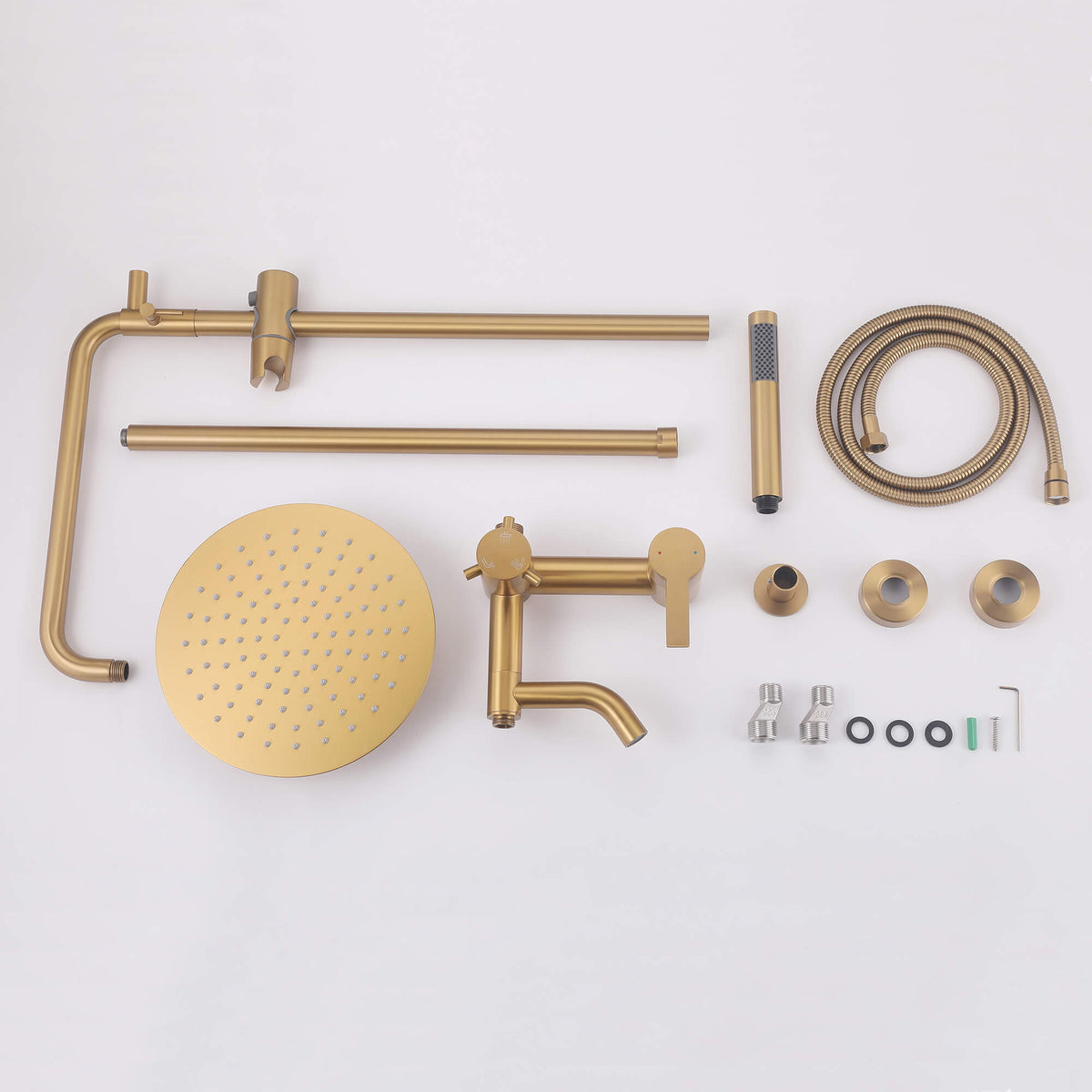 JK0566 brushed gold 316 stainless steel outdoor shower system components including rainfall shower head, handheld shower, hose, mixer and mounting accessories
