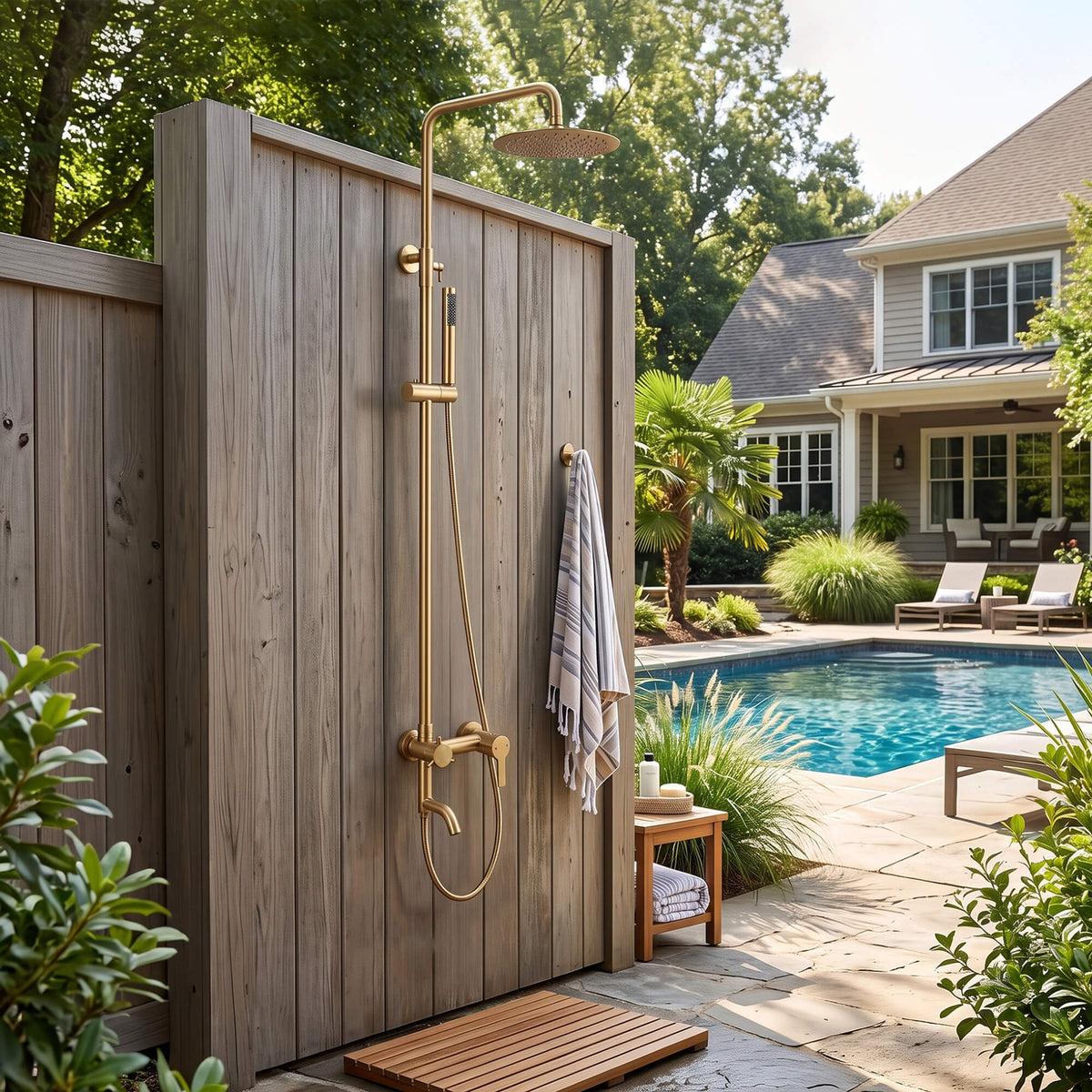 JK0566 brushed gold wall mounted outdoor shower system installed beside a swimming pool in a landscaped backyard
