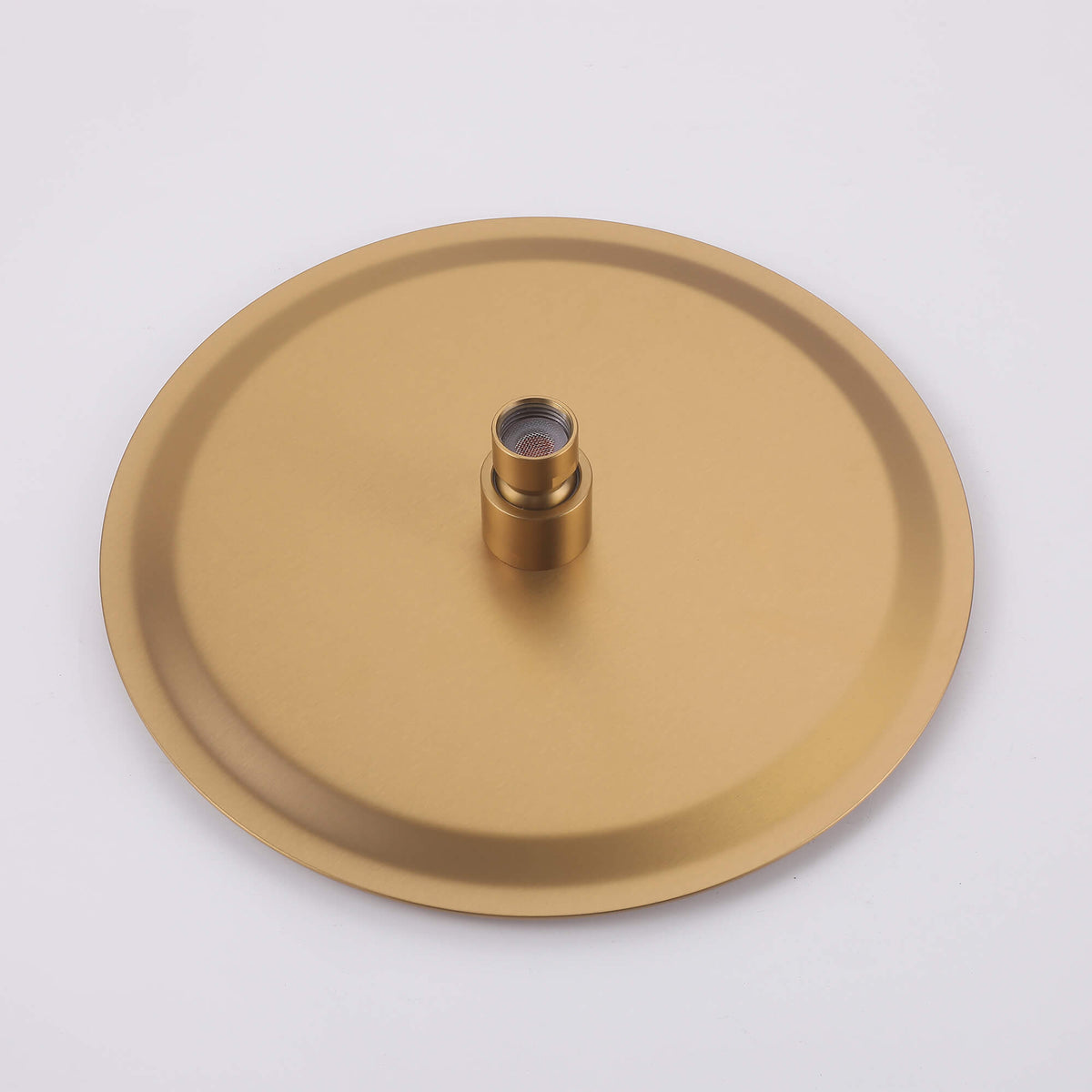 JK0566 brushed gold rainfall shower head showing the central water connection and smooth metal finish