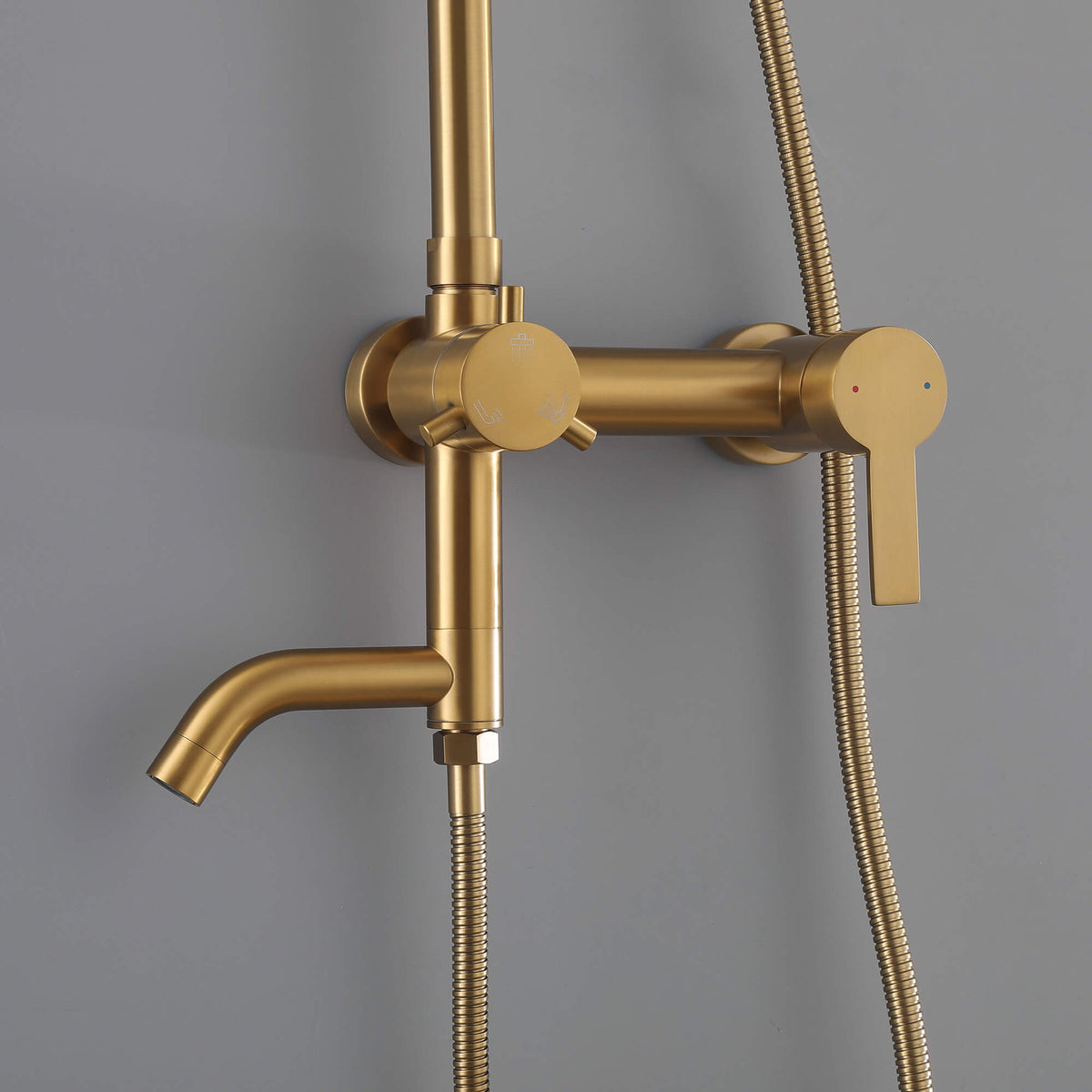 JK0566 brushed gold wall mounted shower mixer with integrated tub spout, diverter controls and flexible shower hose