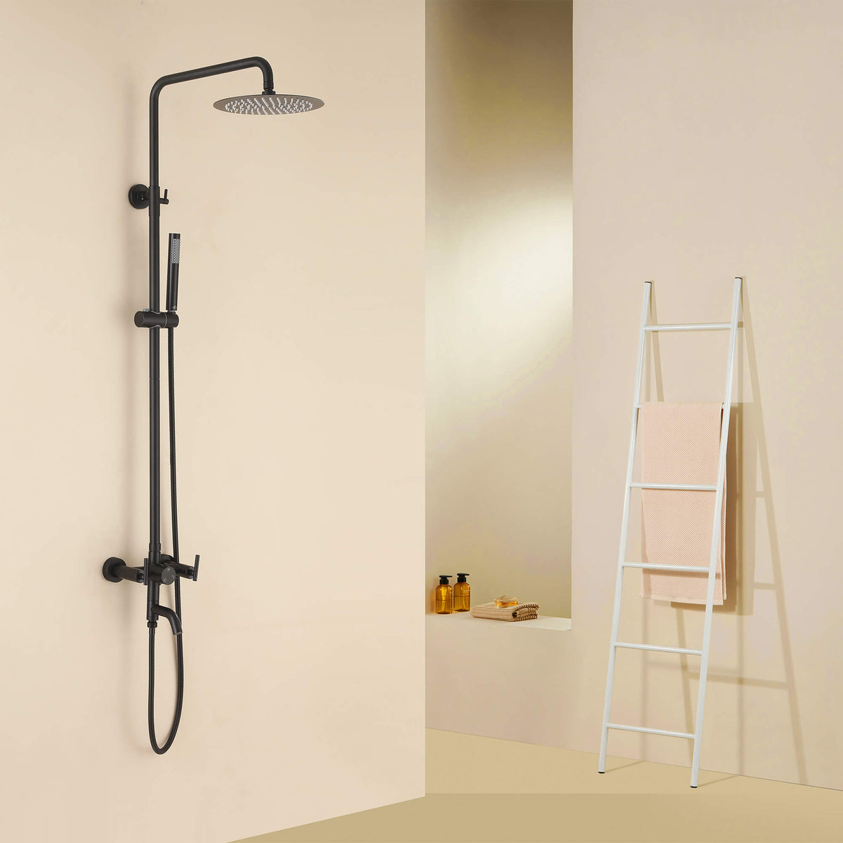Dual-Handle Cylindrical Shower Column with Rain Head & Tub Spout