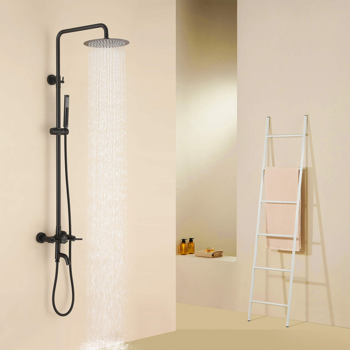Dual-Handle Cylindrical Shower Column with Rain Head & Tub Spout
