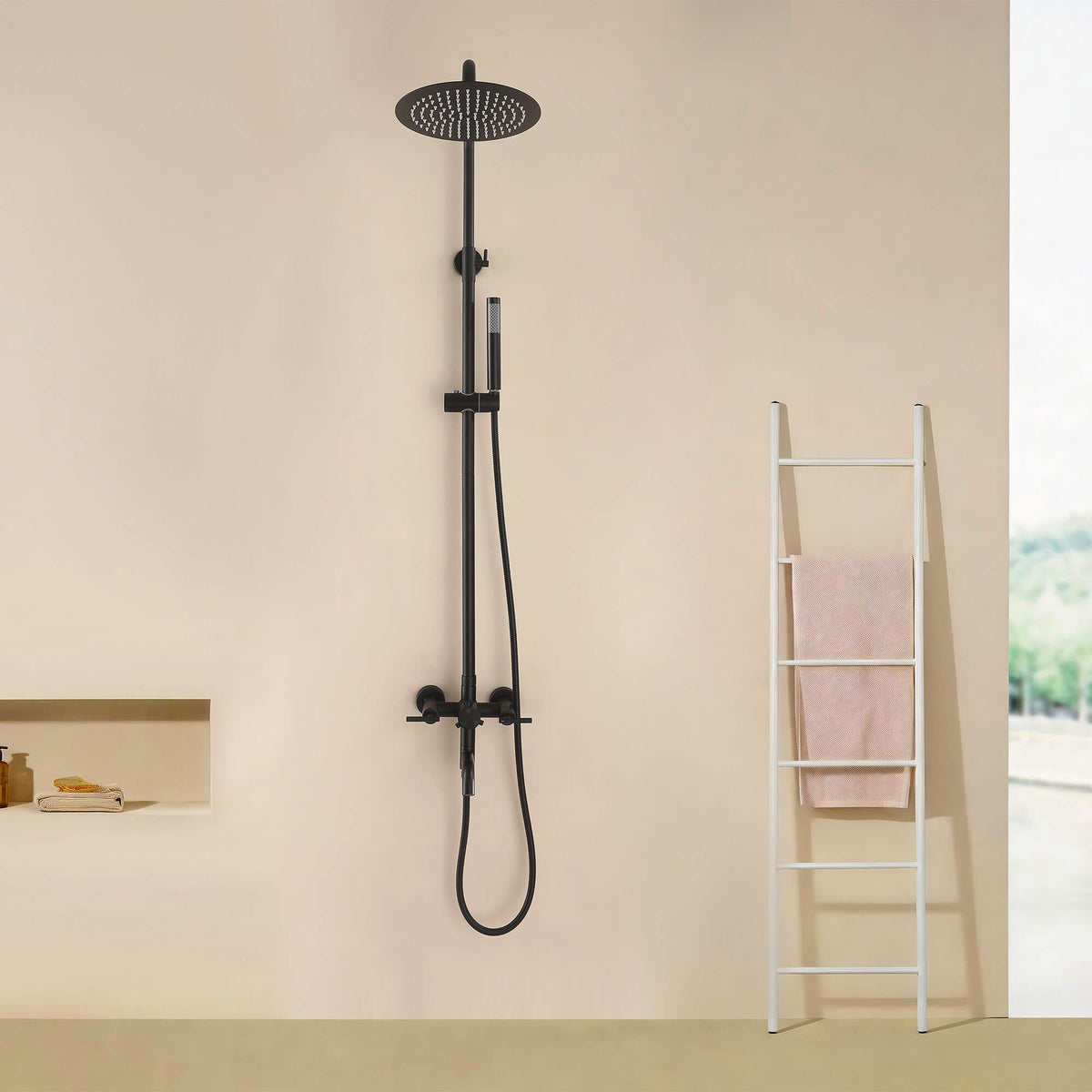 Dual-Handle Cylindrical Shower Column with Rain Head & Tub Spout