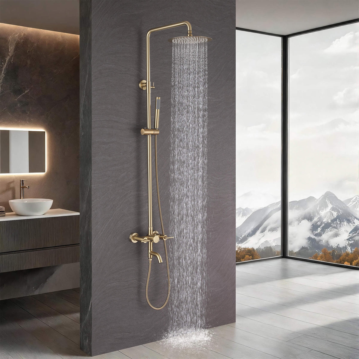 Dual-Handle Cylindrical Shower Column with Rain Head & Tub Spout