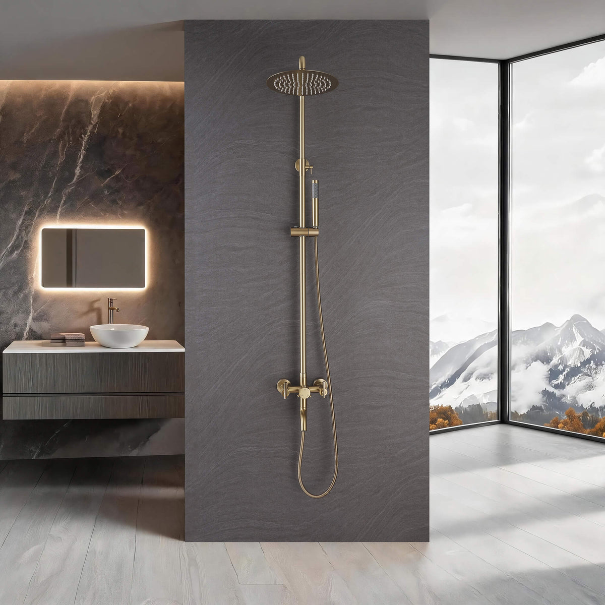 Dual-Handle Cylindrical Shower Column with Rain Head & Tub Spout
