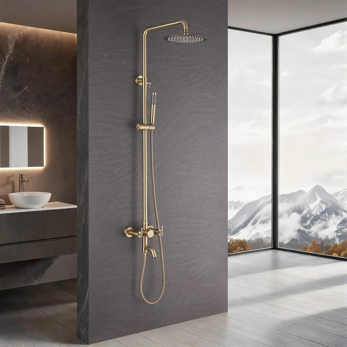 Dual-Handle Cylindrical Shower Column with Rain Head & Tub Spout
