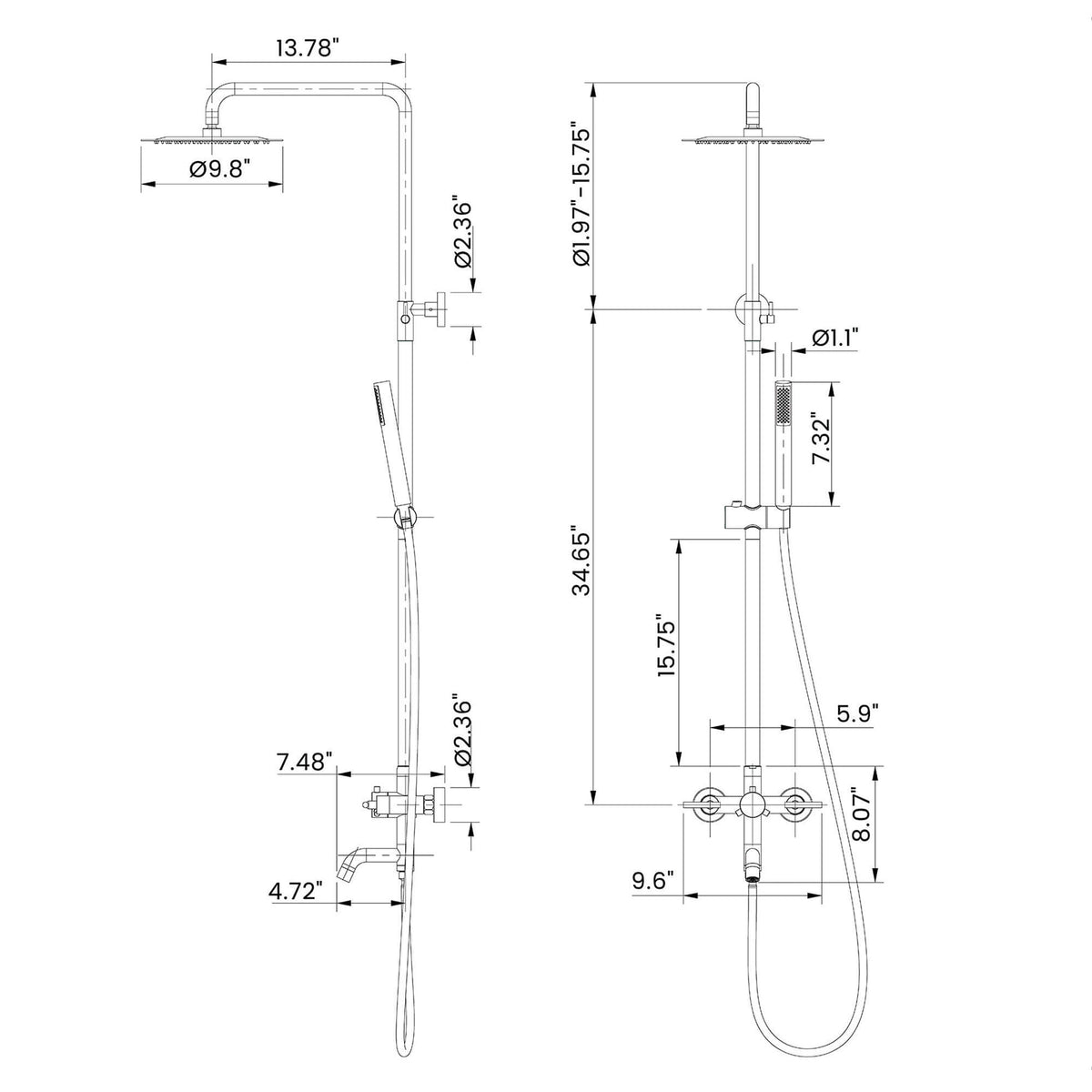 Dual-Handle Cylindrical Shower Column with Rain Head & Tub Spout